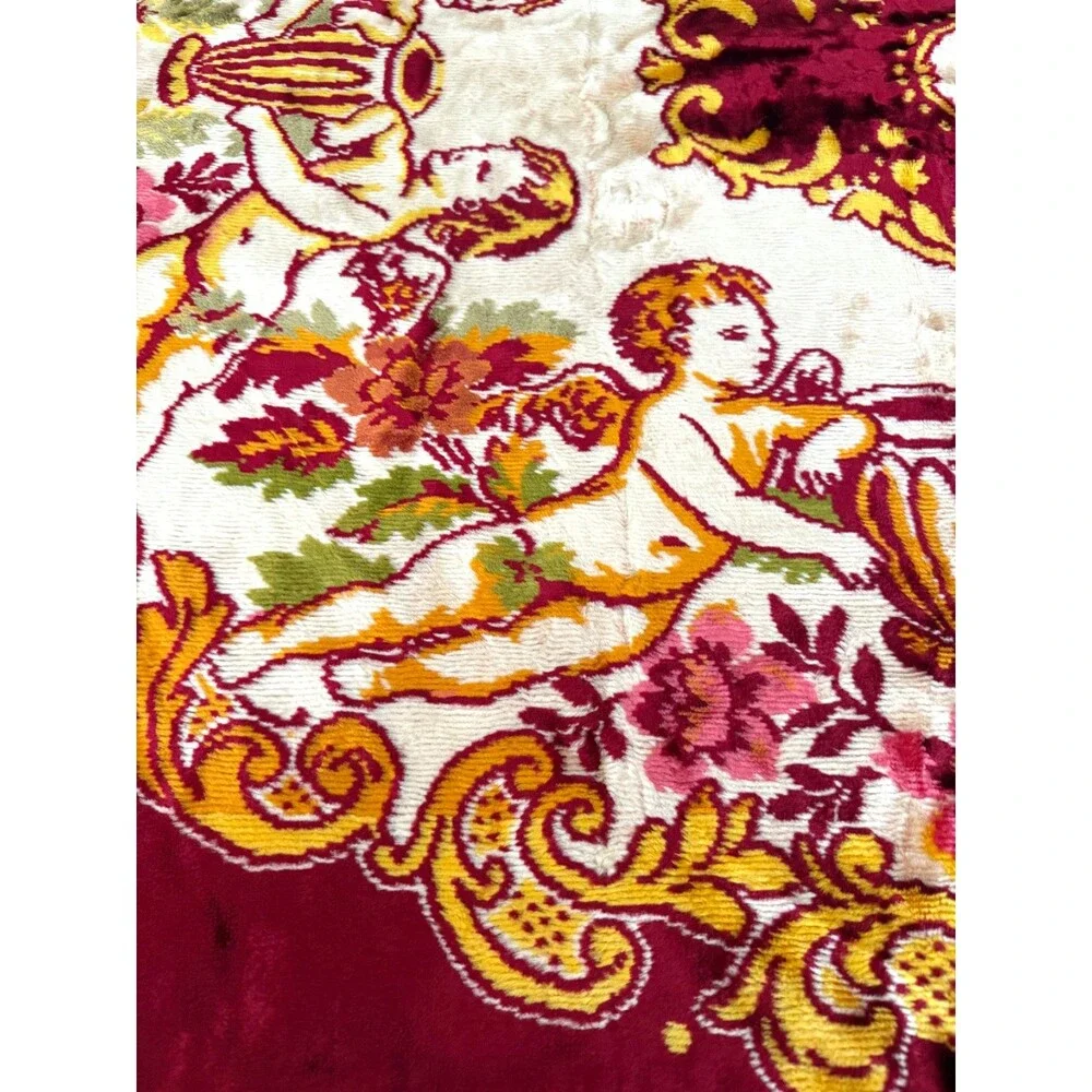 Vtg Velvet Italian Wedding Bedspread QUEEN Cherubs Red Cream 84x96” Fringe MINT